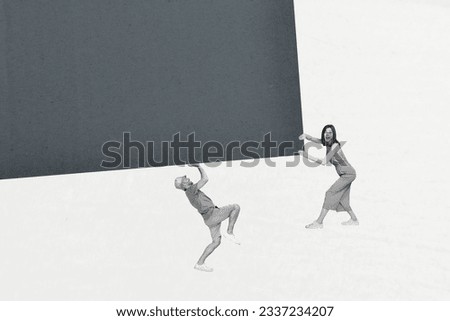 Creative retro collage image of risky colleagues couple standing under pressure isolated white color background