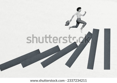 Artwork magazine collage picture of excited lady jumping falling dominoes isolated white color background