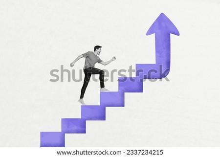 Creative artwork graphics collage painting of successful worker guy walking ladder up isolated white color background Royalty-Free Stock Photo #2337234215