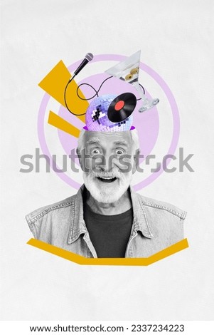 Vertical collage image artwork of smiling excited grandfather weekend chill karaoke club alco cocktail isolated on painted background Royalty-Free Stock Photo #2337234223