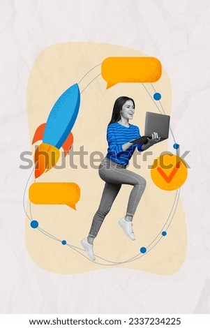 Collage 3d image of pinup pop retro sketch of young energetic businesswoman boss marketer run laptop rocket flying message checklist