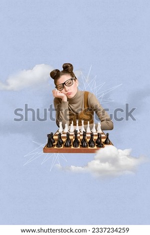 Vertical illustration picture young woman depressed boring game collage illustration chess board player isolated over sky clouds background