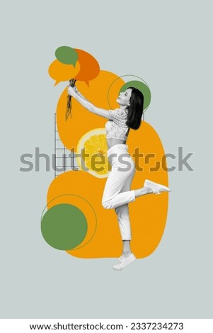Vertical creative composite illustration collage photo of positive adorable woman holding flower bouquet isolated on gray color background