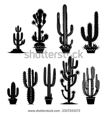 Black cactuses silhouette in pots isolated on white background. Sticker hand drawn set. vector illustration.
