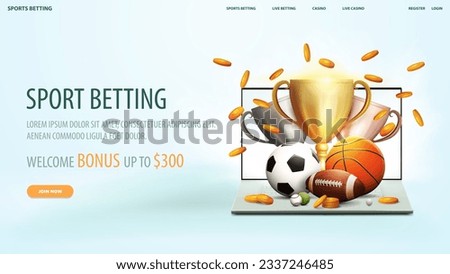 Sport betting, white web banner with interface elements, laptop and sport balls flying up of the screen