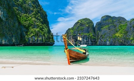 Panorama amazed nature scenic landscape Maya Bay with boat for traveler, Attraction famous popular place tourist travel Phuket Thailand beach summer vacation trips, Tourism beautiful destination Asia Royalty-Free Stock Photo #2337247643