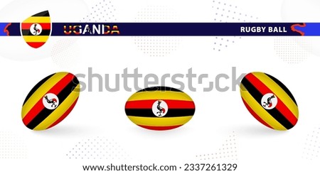 Rugby ball set with the flag of Uganda in various angles on abstract background. Rugby vector collection.