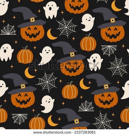 Halloween seamless pattern. Vector illustration of Halloween party. Pumpkins, ghosts and spider web on a dark background. Vector cartoon seamless pattern.