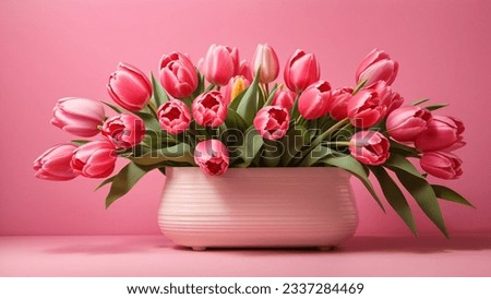 Pink tulips and white flowerpot pink background