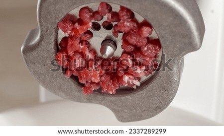 Closeup of minced meat flowing out of meat grinder. Cooking at home, kitchen appliance, healthy nutrition, hamburger ingredients