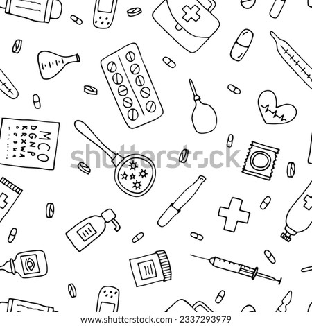 Health care seamless pattern. Hand drawn medicine elements. Pharmacy, medical background. Vector illustration