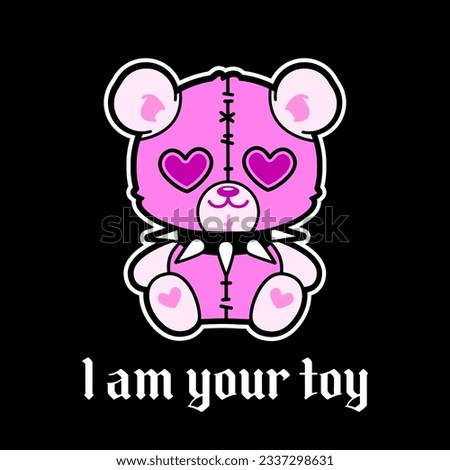 Glam "I'm your toy"- y2k Teddy Bear toy in 2000s gothic style sticker. Emo Goth 00's tattoo sticker black and pink colors. BDSM Teddy Bear adult toy in studded collar for y2k print design Royalty-Free Stock Photo #2337298631
