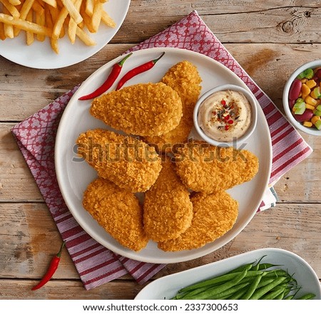 a plate of nuggets with mayonnaise and potatoes is perfect for breakfast Royalty-Free Stock Photo #2337300653