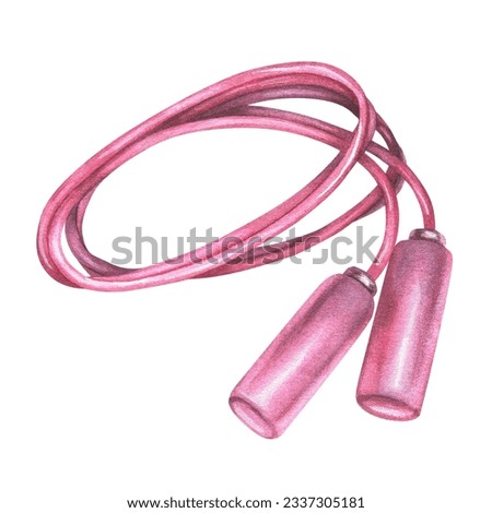 Pink jump rope. Cardio equipment for the gym. Watercolor illustration. Hand drawn Isolated on a white background clipart. Folded skipping rope for sports, fitness, aerobic workout, jumping