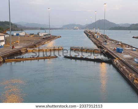 panama canal lake open lock condition of the hydraulic ram door. Royalty-Free Stock Photo #2337312113