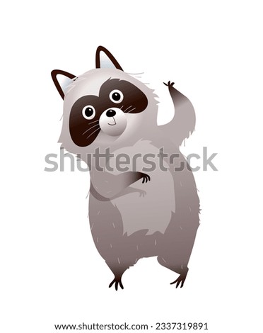 Cute forest animal character design. Funny raccoon, standing waving HI and smiling. Adorable zoo for children isolated clipart. Hand drawn animal vector in watercolor style for kids.