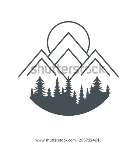 Mountains and pine trees circle vector icon design. Nature logo template.