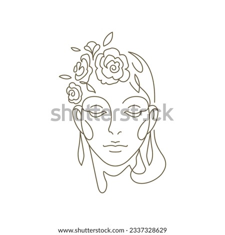 Woman flower buds leaves hair portrait monochrome continuous line art logo vector illustration. Female head with elegant floral botanical blossom aesthetic minimal icon for beauty fashion cosmetic