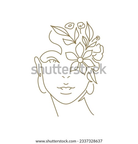 Beautiful woman with flower hair portrait minimal continuous line art logo for cosmetic vector illustration. Female head with floral botanical blossom icon for natural cosmetology skincare wellness