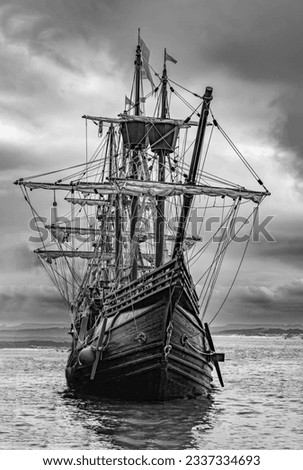 Spanish galleon in the storm in black and white