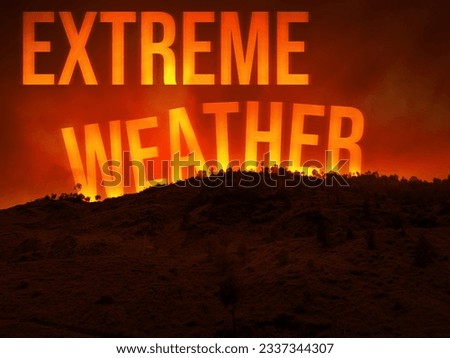 Extreme weather conditions background design with dark mountains and glowing typography. Heatwave and climate change on a global level, background Royalty-Free Stock Photo #2337344307