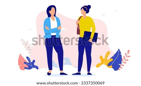 Two women talking and having discussion standing outdoors. Flat design vector illustration with white background Royalty-Free Stock Photo #2337350069