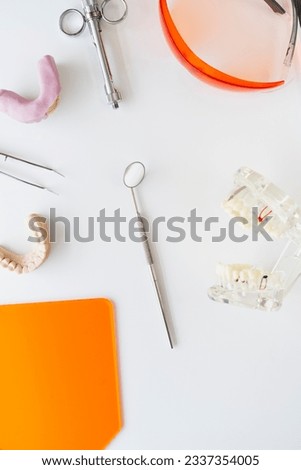 Top view of the dental mirror, iron forceps and teeth models laying on the table. Vertical picture of dental instruments