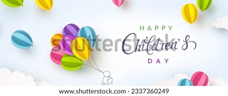 Children's Day postcard with flying balloons bunch and child on blue sky background. Vector 3d paper colorful ballons special cartoon kids poster template
