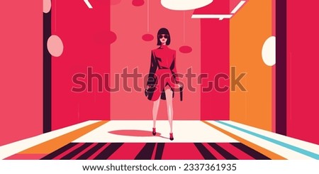 An elegant women in a vintage fashion illustration. Vintage fashion design with a female with walking on a runway against a bold, pink and red colourful background.