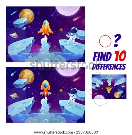 Find ten differences on space landscape with astronauts and galaxy planets. Vector kid board game worksheet with funny cosmonaut and spaceship. Educational puzzle brainteaser for children recreation Royalty-Free Stock Photo #2337368389