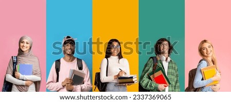 Multiethnic group of cheerful students stylish young men and women posing on colorful studio backgrounds, holding books, set of photos, web-banner, collage for student life, education concept