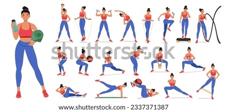 Active Woman Engaged In Fitness Activities, Demonstrating Strength, Flexibility, And Endurance Through Exercises Such As Weightlifting, Yoga, Running, And Cardio Workouts. Cartoon Vector Illustration Royalty-Free Stock Photo #2337371387