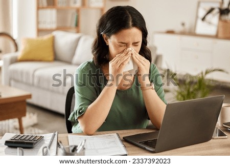Laptop, remote work and sick woman in home office with flu, cold or viral infection in her house. Freelance, sneeze and lady online with allergy, virus or burnout, sinusitis or hayfever while typing Royalty-Free Stock Photo #2337392023