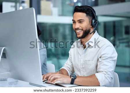 Business man, call center and web support communication at a computer in a office. Phone conversation, smile and male worker with contact us, crm and customer service job in a consulting agency Royalty-Free Stock Photo #2337392259