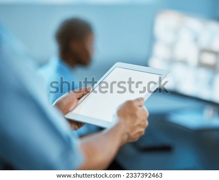 Man, hands and tablet mockup for security surveillance, search or area inspection at the office. Closeup of male person, guard or police officer with technology display for safety protection app
