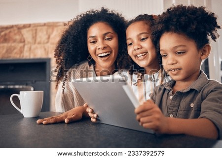Happy, streaming and a family with a tablet in a house for communication, cartoon or games. Website, education and children, mother and technology for online reading, movie or a meme on the internet