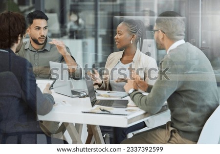 Meeting, collaboration and business people in discussion in the office while working together. Teamwork, planning and group of employees brainstorming with technology for a project in the workplace. Royalty-Free Stock Photo #2337392599