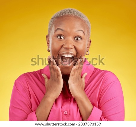Wow, happy and portrait of black woman in studio with sale, deal or sign up promotion on yellow background. Open mouth, emoji and hands on African lady winner face for competition, prize or giveaway Royalty-Free Stock Photo #2337393159