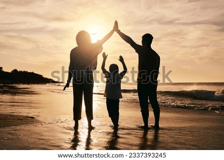 Silhouette, family and protection, beach at sunset with parents and child, safety and ocean waves. Bonding in nature, insurance and people outdoor, tropical holiday and travel with trust and love