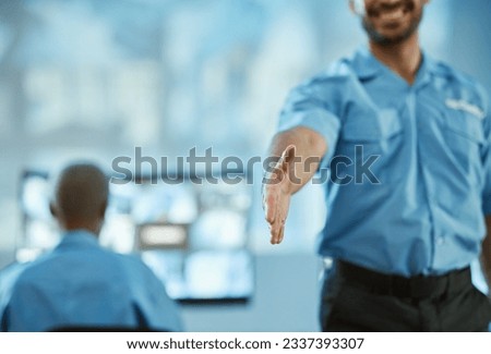 Man, police and handshake for meeting, security or partnership together in team surveillance at office. Male person, officer or guard shaking hands for greeting, introduction or protect and serve