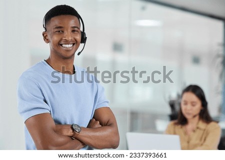 Portrait, call center and arms crossed with a black man consultant standing in his office for support. Customer service, contact us and trust with a happy male telemarketing employee in the office Royalty-Free Stock Photo #2337393661