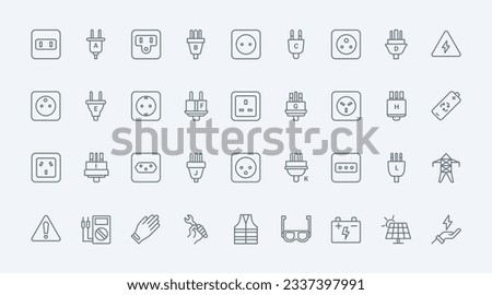 Electric power socket types thin line icons set vector illustration. Outline symbols collection of world standards for outlets of different country, safety gear, equipment of electrician and battery Royalty-Free Stock Photo #2337397991