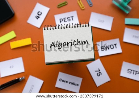 There is notebook with the word Algorithm. It is as an eye-catching image.