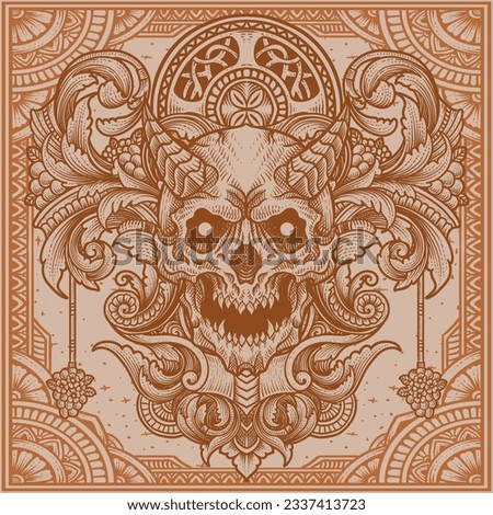 Illustration of demon skull head with vintage engraving ornament in back perfect for your business and Merchandise