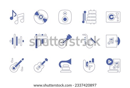 Music icon set. Duotone style line stroke and bold. Vector illustration. Containing music note, cd, speaker, xylophone, turntable, wave sound, pan flute, mandolin, saxophone, music album.