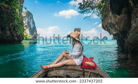 Traveler woman on boat with camera joy nature scenic landscape Ko Hong island Krabi, Attraction famous place tourist travel Phuket Thailand summer holiday vacation trip, Beautiful destination Asia