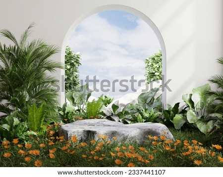 Rock podium in tropical forest for product presentation Behind is a view of the sky.3d rendering
