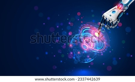 AI. Global communication technology concept. AI controls global network. Robot hand point on Earth in cyber space. Robotic arm interacts with 3d Earth on HUD. Artificial intelligence connections IOT. Royalty-Free Stock Photo #2337442639