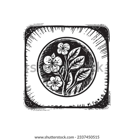 Nordic linocut floral in rustic frame motif for quirky logo print. Hand drawn botanical graphic in retro scandi style design. 