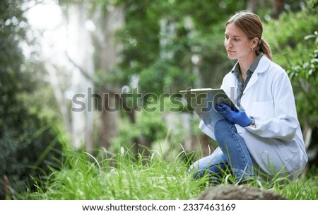 Science in forest, analysis and woman with checklist in nature, studying growth of trees and sustainable plants. Ecology, green development and research in biology, scientist with clipboard on grass. Royalty-Free Stock Photo #2337463169